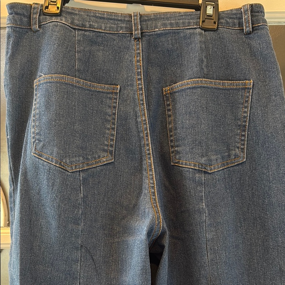 Cream and Blue Boot Cut Flare Pants with Unique Design - Picture 4 of 5